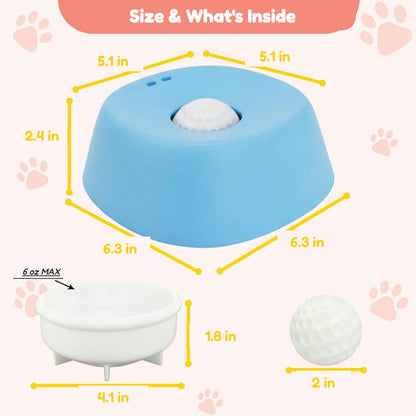 Lick bowl size: 6.3 x 6.3 x 2.4 in, 6 oz cup, 2 in ball