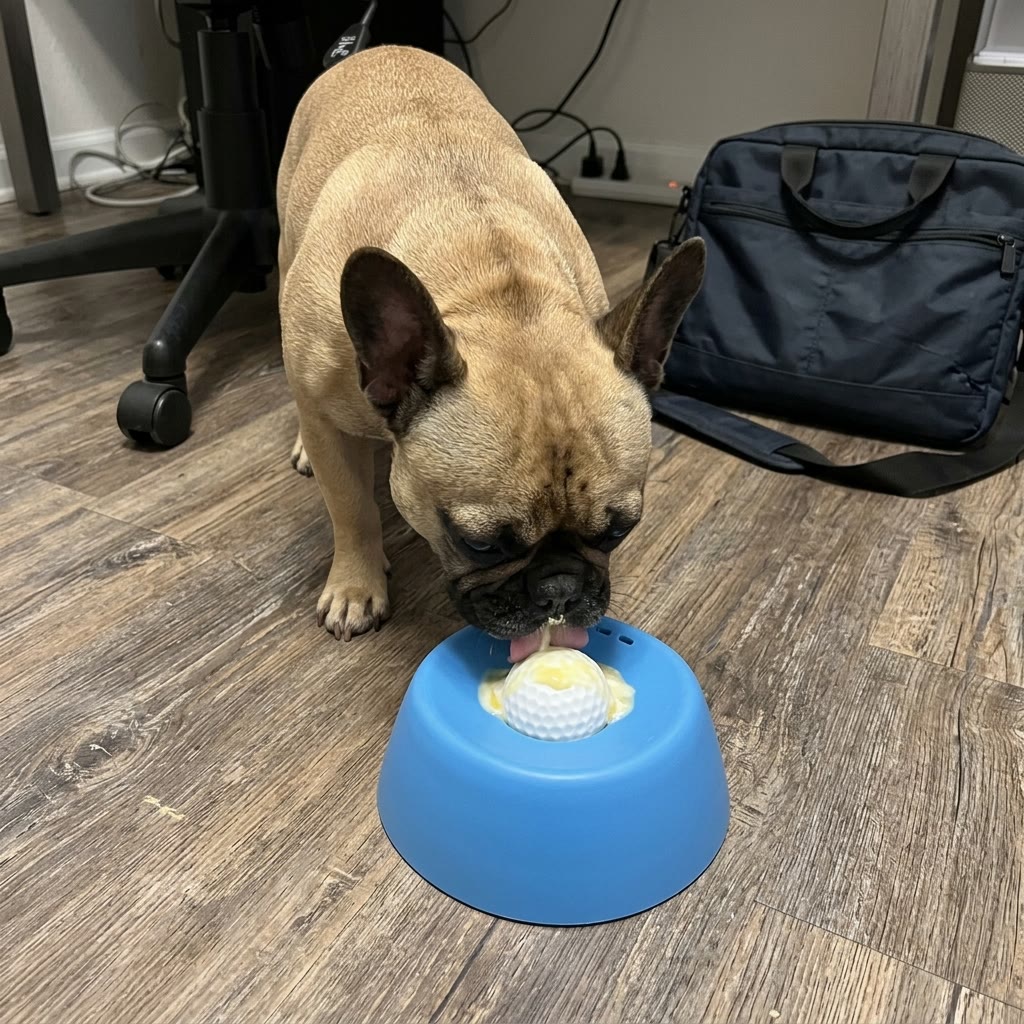 French bulldog licking the bowl