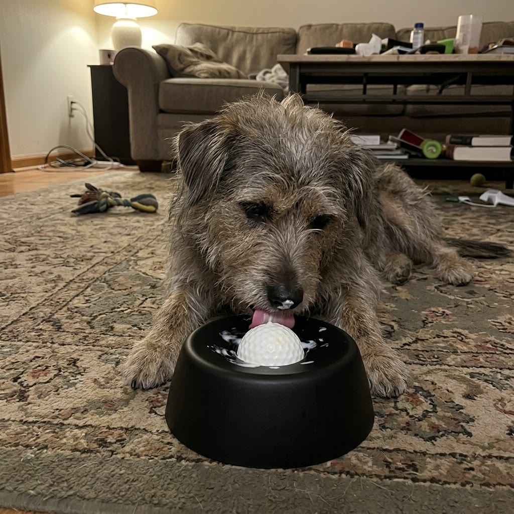 Terrier licking the black bowl at night