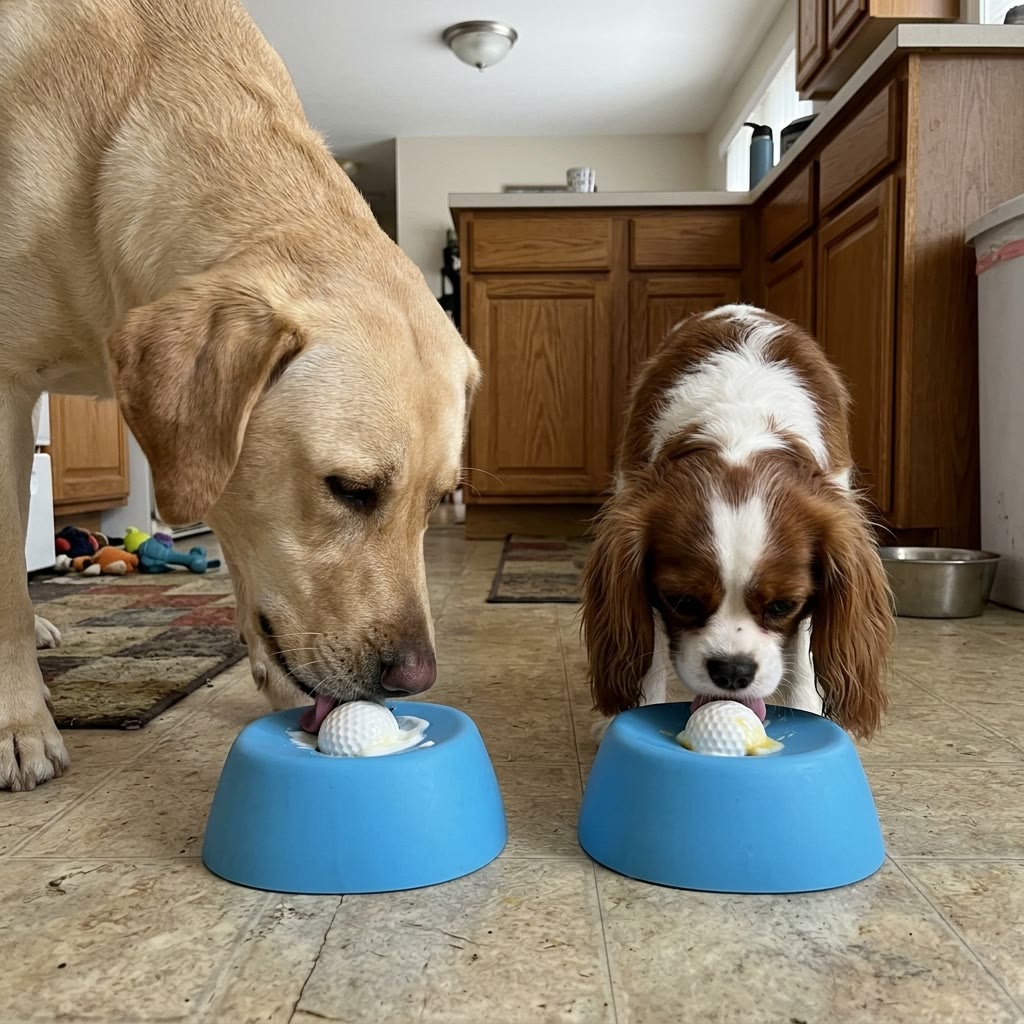 Two dogs, each with its own bowl