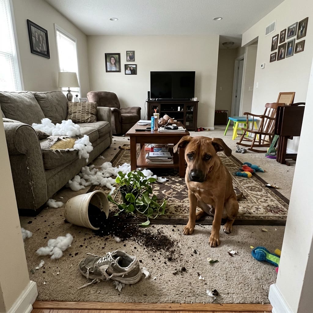 Chewed-up couch and a guilty dog