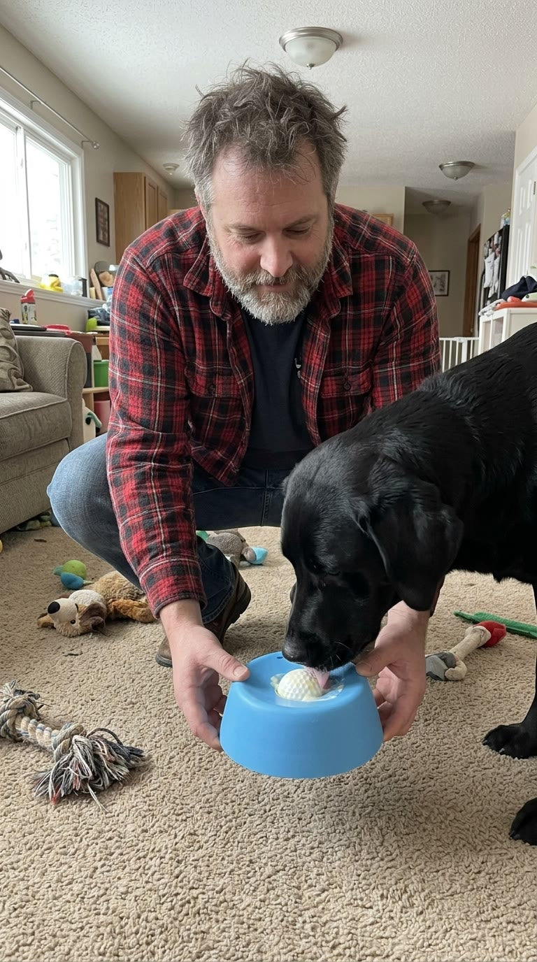 Black lab licking the bowl