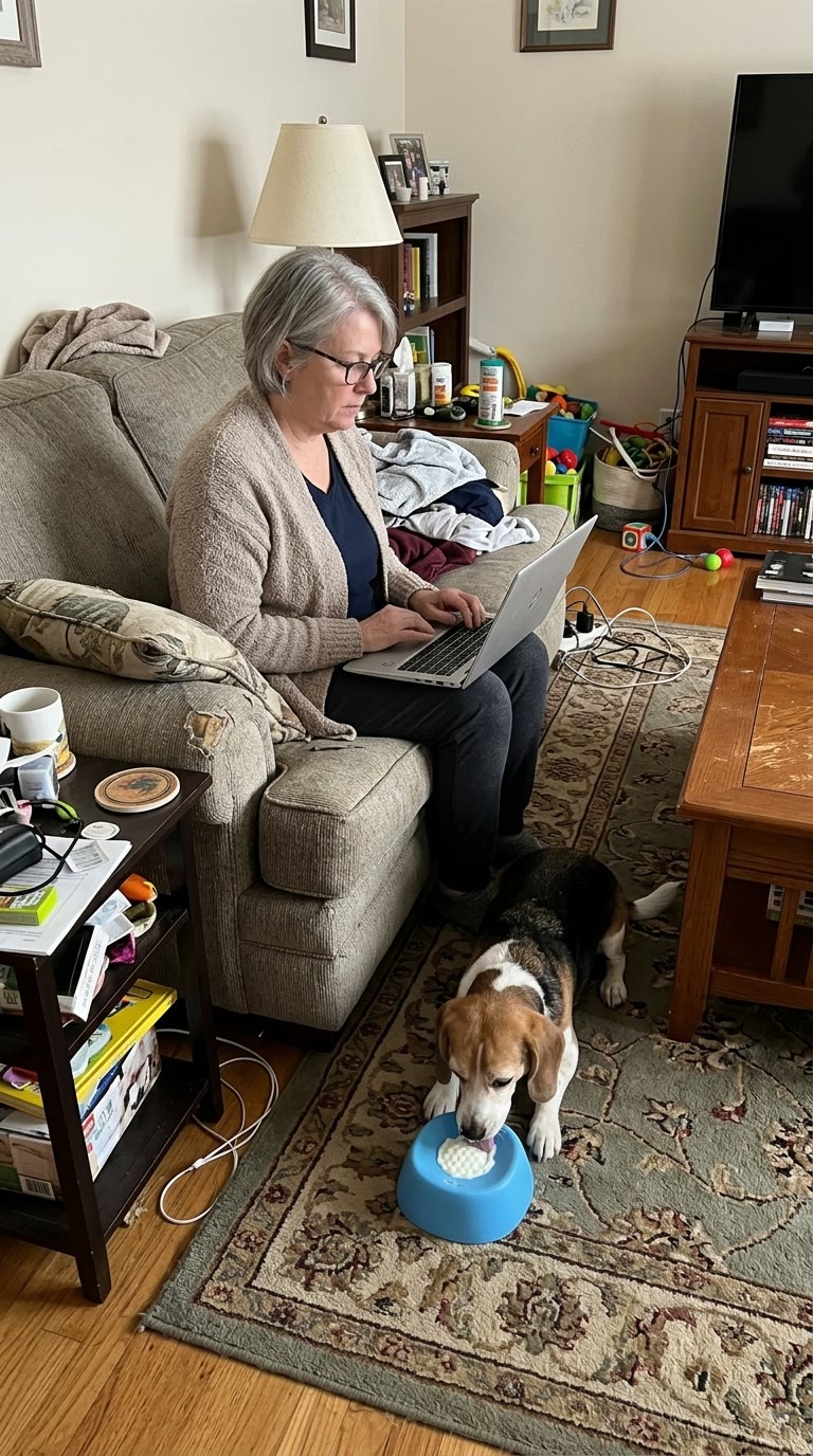 Beagle licking the bowl while the owner works
