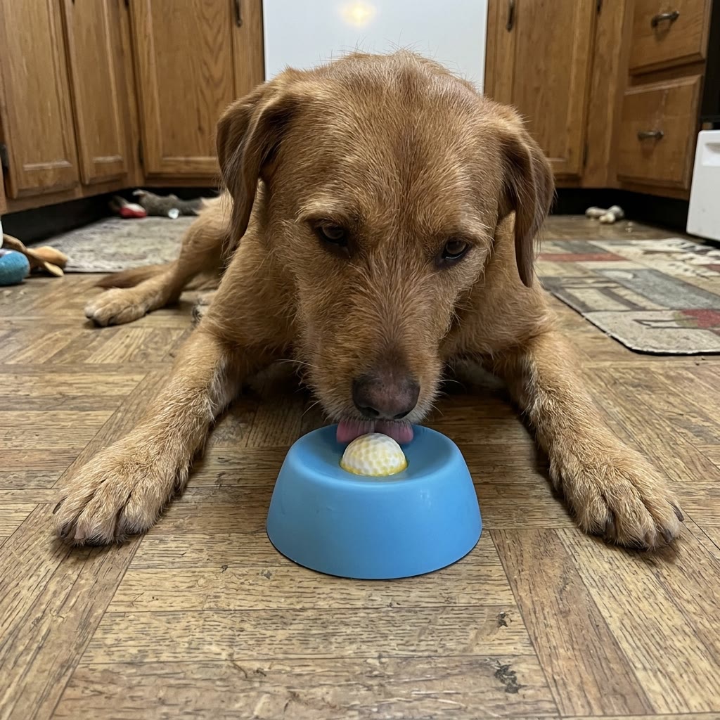 Dog lying down licking the bowl
