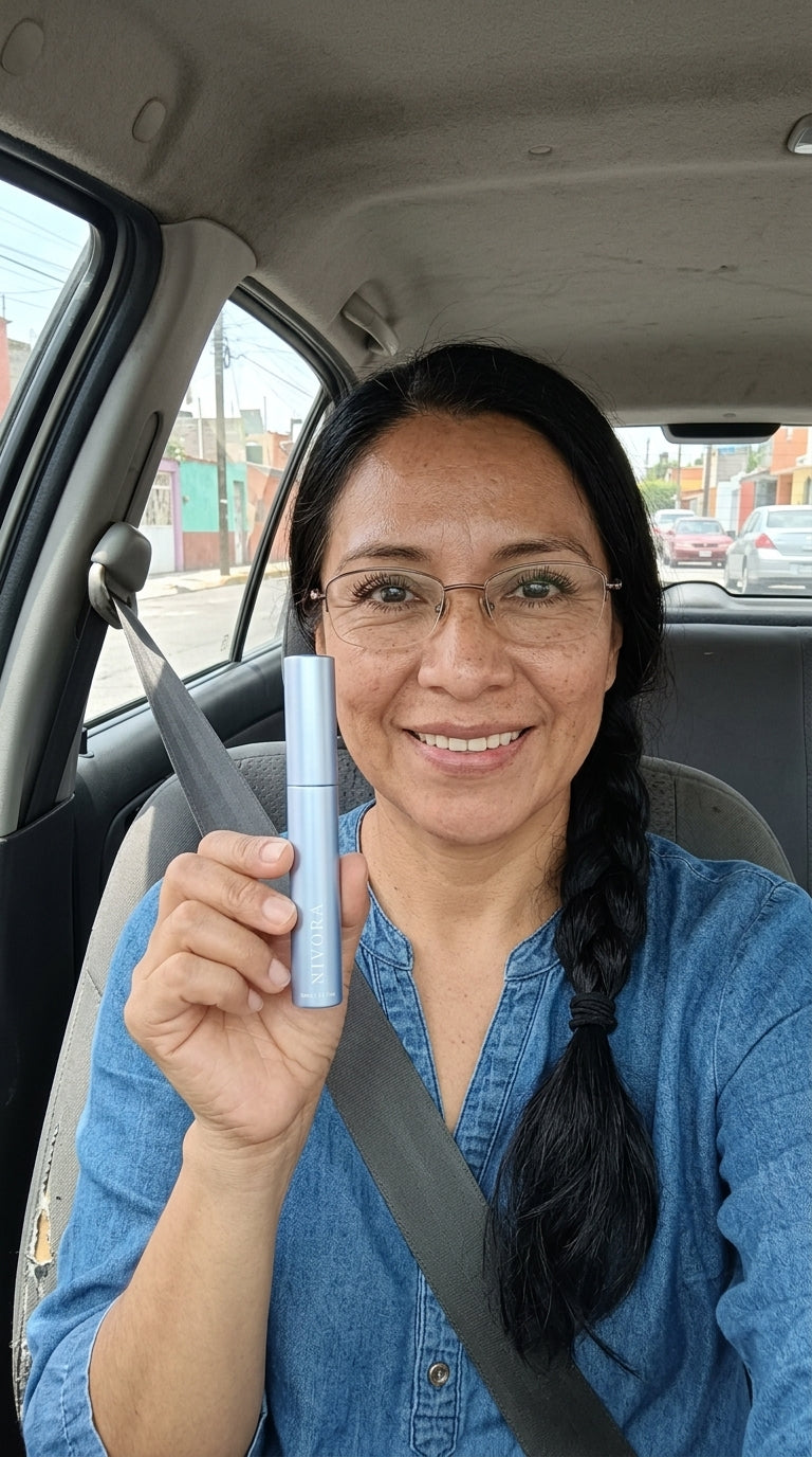 Clienta enseñando su rímel Nivora en el coche